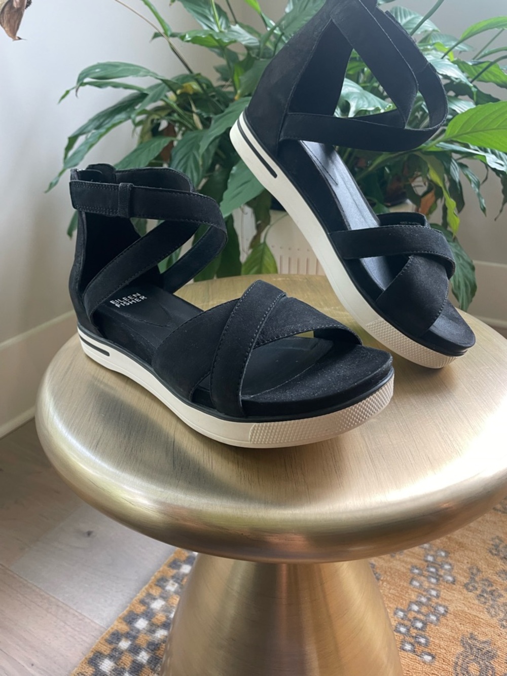 Eileen Fisher Sport Platform Gladiator Sandal Black Nubuck Sz 8.5 - Picture 2 of 9